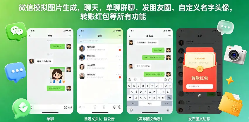 微信模拟图片生成，聊天，单聊群聊，发朋友圈，自定义名字头像，转账红包等所有功能都可以生成-58创客