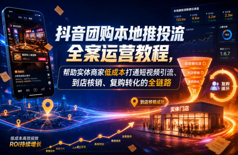抖音团购本地推投流全案运营教程，帮助实体商家低成本打通短视频引流、到店核销、复购转化的全链路-58创客