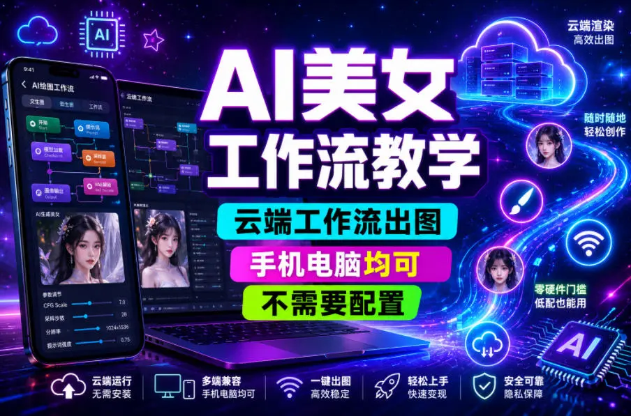 AI美女工作流教学，云端工作流出图，手机电脑均可，不需要配置，快速起号涨粉-58创客