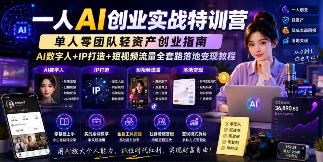 一人AI创业实战特训营，单人零团队轻资产创业指南，AI数字人+IP打造+短视频流量全套路落地变现教程-58创客