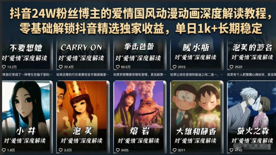 抖音24W粉丝博主的爱情国风动漫动画深度解读教程，零基础解锁抖音精选独家收益，单日1k+长期稳定-58创客