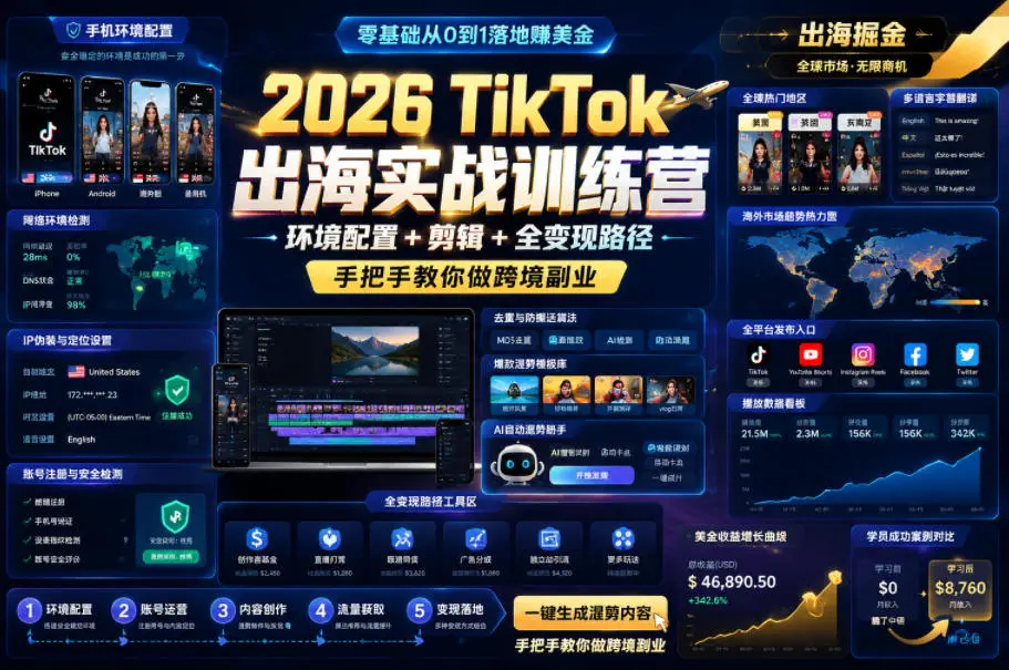 2026 TikTok出海实战训练营,环境配置 + 剪辑 + 全变现路径,手把手教你做跨境副业-58创客