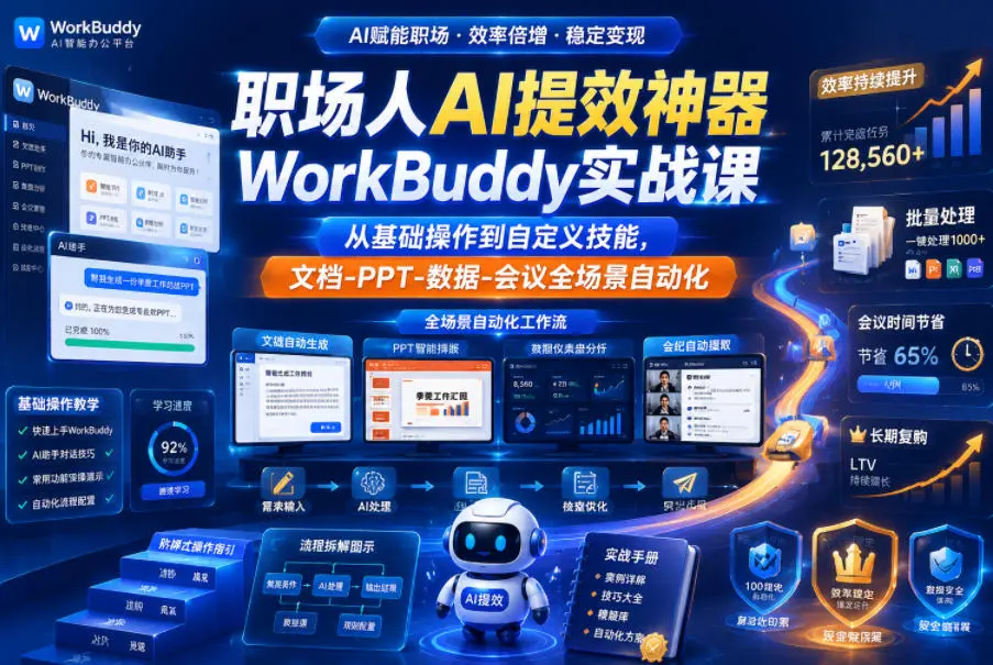 职场人AI提效神器WorkBuddy实战课，从基础操作到自定义技能，文档-PPT-数据-会议全场景自动化-58创客