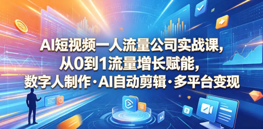 AI短视频一人流量公司实战课,从0到1流量增长赋能,数字人制作・AI自动剪辑・多平台变现,一人做流量生意全落地教程-58创客