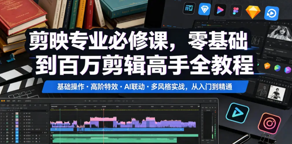 剪映专业必修课，零基础到百万剪辑高手全教程，基础操作・高阶特效・AI联动・多风格实战，从入门到精通-58创客