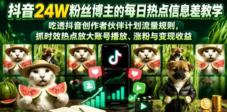 抖音24W粉丝博主的每日热点信息差教学,吃透创作者伙伴计划流量规则,抓时效热点放大账号播放、涨粉与变现收益(更新)-58创客