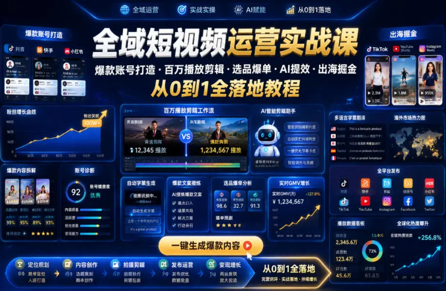 全域短视频运营实战课，爆款账号打造・百万播放剪辑・选品爆单・AI提效・出海掘金，从0到1全落地教程-58创客