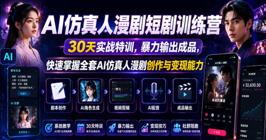 AI仿真人漫剧短剧训练营，30天实战特训，暴力输出成品，快速掌握全套AI仿真人漫剧创作与变现能力-58创客