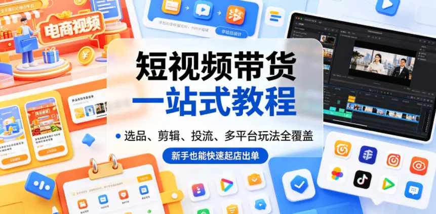 短视频带货一站式教程，选品、剪辑、投流、多平台玩法全覆盖，新手也能快速起店出单-58创客