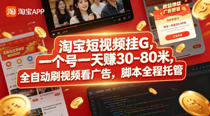 淘宝短视频挂G，一个号一天 賺30-80米，全自动刷视频看广告，脚本全程托管【揭秘】-58创客