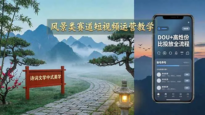 风景类赛道短视频运营教学：诗词文学中式美学，新号养号对标账号定位，DOU+高性价比投放全流程-58创客