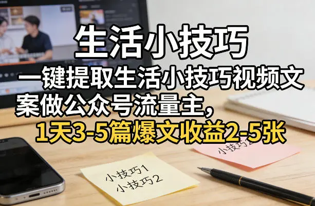 一键提取生活小技巧视频文案做公众号流量主，1天3-5篇爆文收益2-5张-58创客