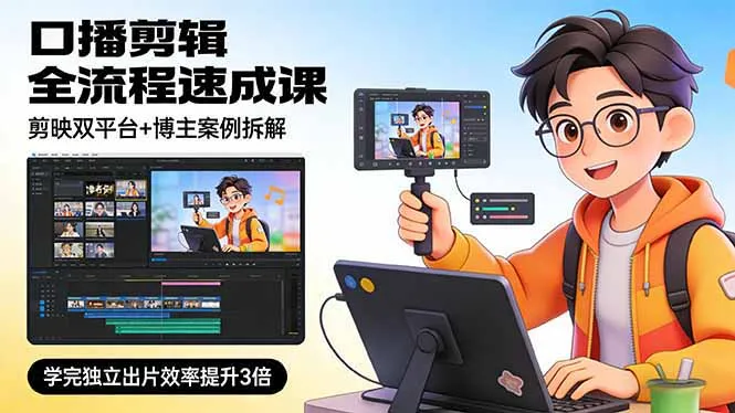 口播剪辑全流程速成课，剪映双平台+博主案例拆解，学完独立出片效率提升3倍-58创客