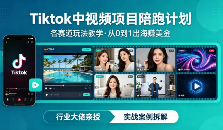 某大佬的Tiktok中视频项目陪跑，涵盖TK各个赛道玩法教学，从0到1出海賺美金-58创客