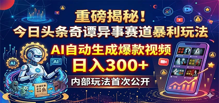重磅揭秘！今日头条奇谭异事赛道暴利玩法：AI自动生成爆款视频，日入300+-58创客