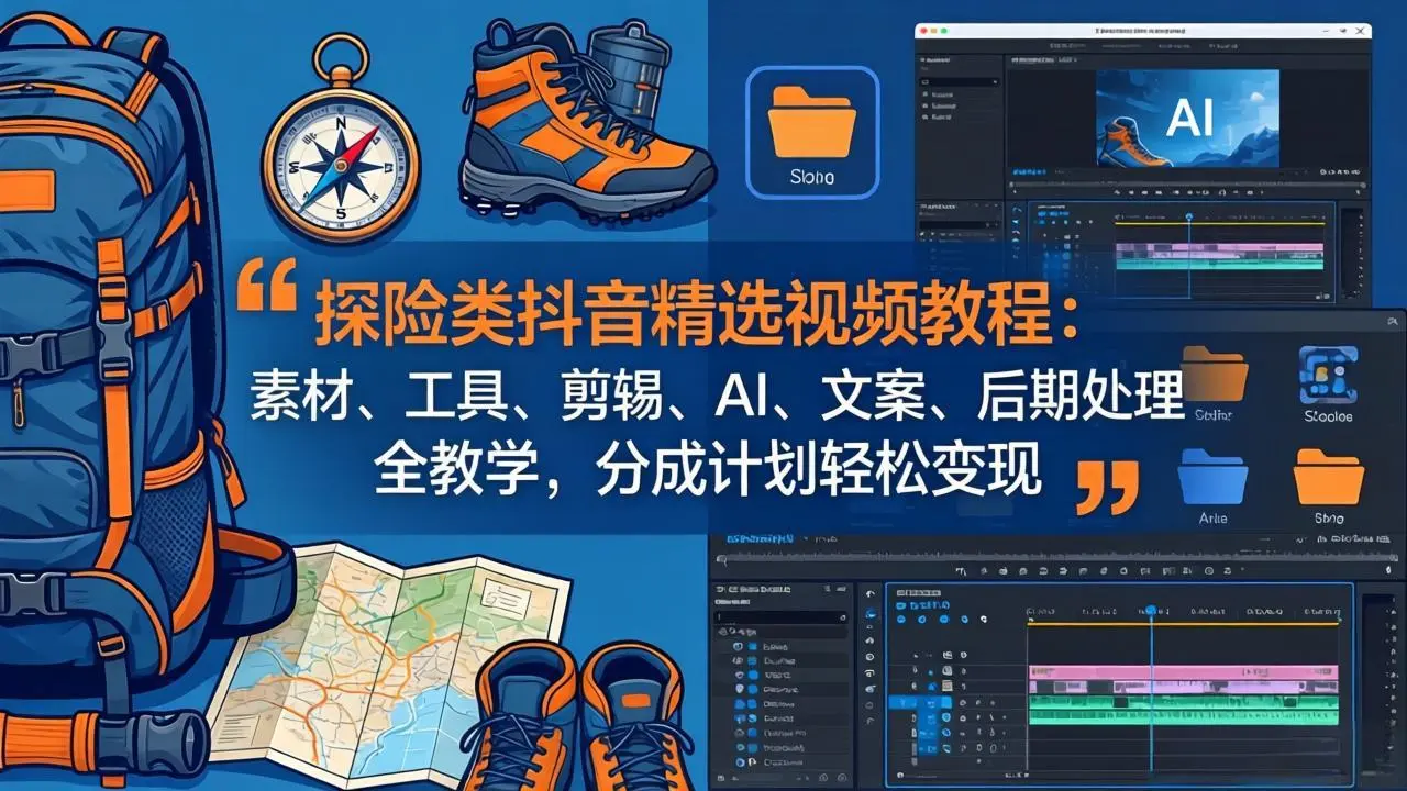 探险类抖音精选视频教程：素材、工具、剪辑、AI、文案、后期处理全教学，分成计划轻松变现-58创客