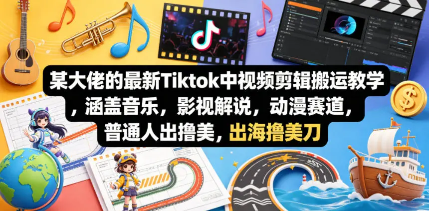 某大佬的最新Tiktok中视频剪辑搬运教学，涵盖音乐，影视解说，动漫赛道，普通人出海撸美刀-58创客