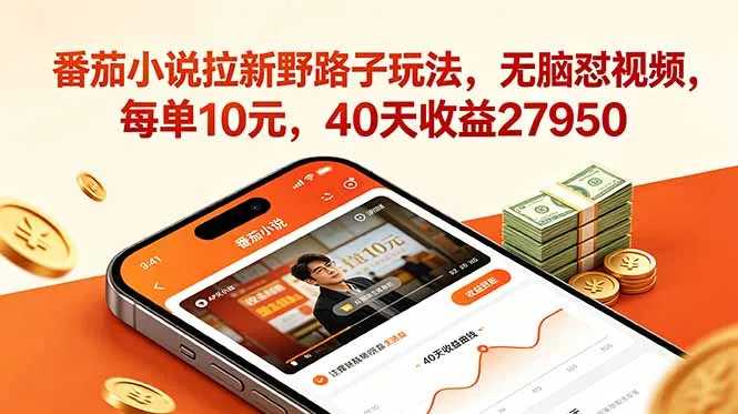 番茄小说拉新野路子玩法，无脑怼视频，每单10元，40天收益27950-58创客