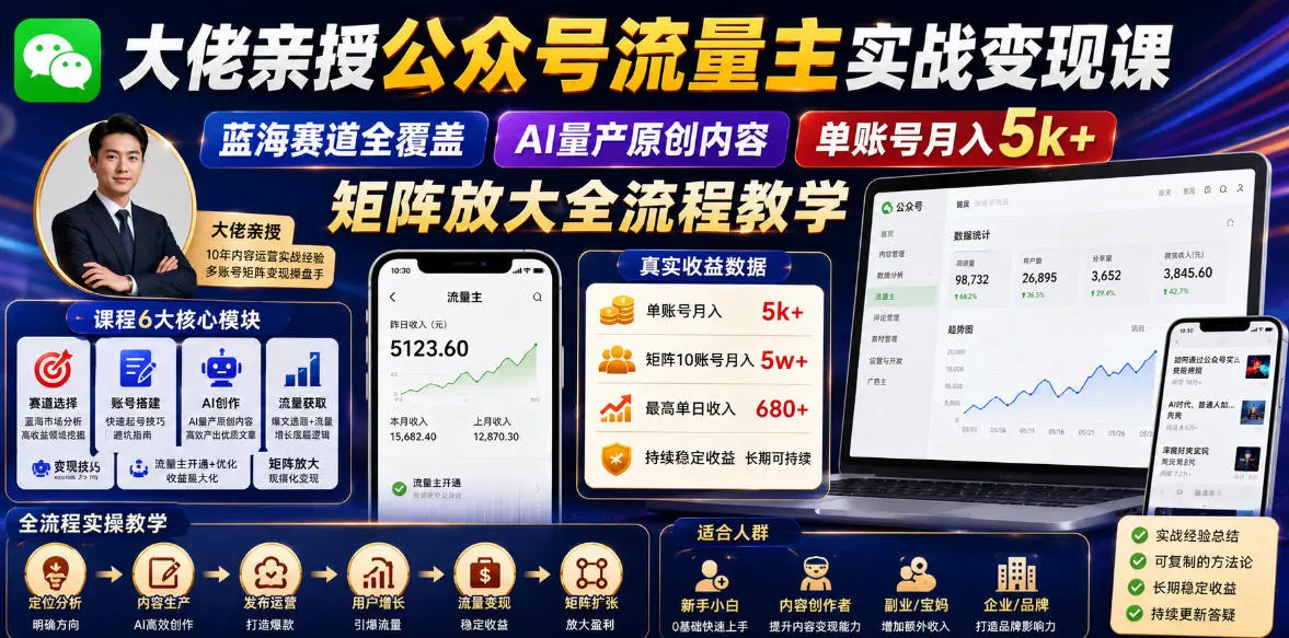 大佬亲授公众号流量主实战变现课,蓝海赛道全覆盖,AI量产原创内容,单账号月入5k+矩阵放大全流程教学-58创客