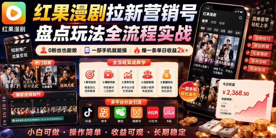 红果漫剧拉新营销号盘点玩法全流程实战，0粉丝也能做，一部手机就能做，爆一条单日收益2k+-58创客