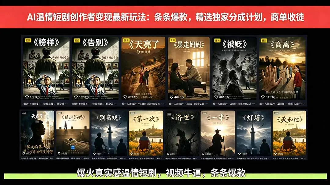 AI温情短剧创作者变现最新玩法：视频牛逼，条条爆款，精选独家分成计划，商单收徒-58创客